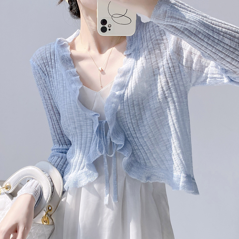 Ruffled Trim Tie Front Long Sl - Summer Light Clothing avaliação e preço