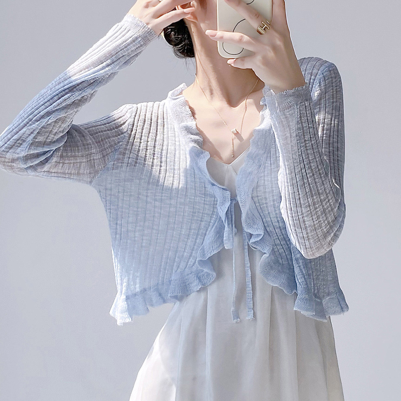 Ruffled Trim Tie Front Long Sl - Summer Light Clothing avaliação e preço
