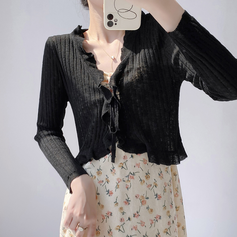 Ruffled Trim Tie Front Long Sl - Summer Light Clothing avaliação e preço