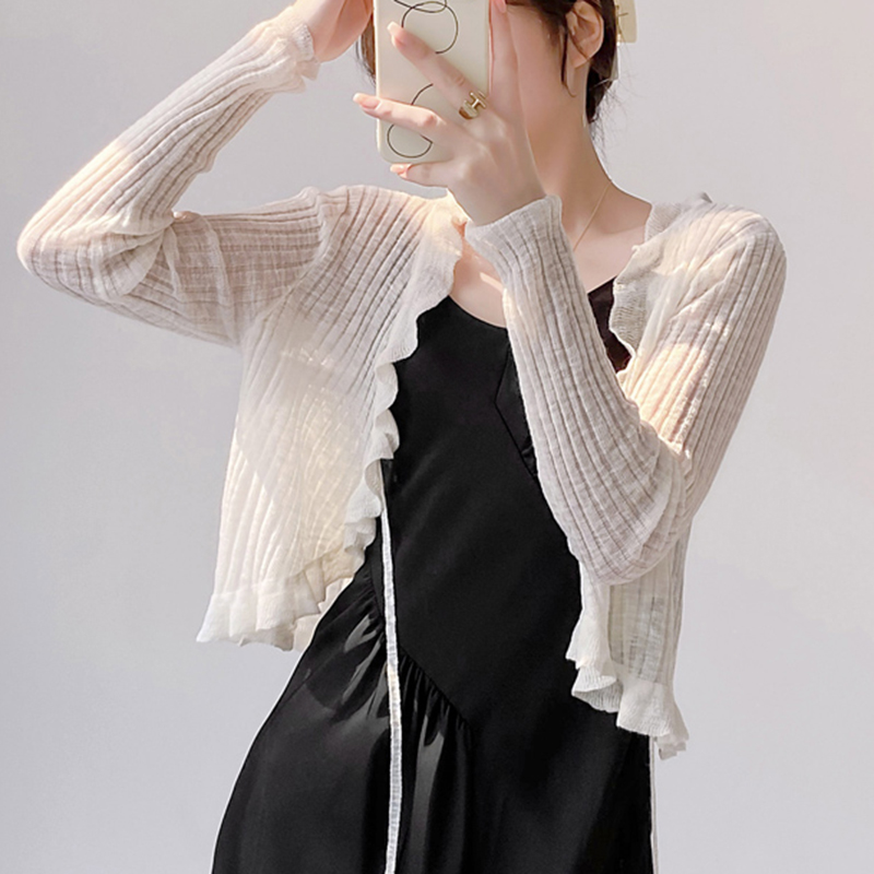 Ruffled Trim Tie Front Long Sl - Summer Light Clothing avaliação e preço