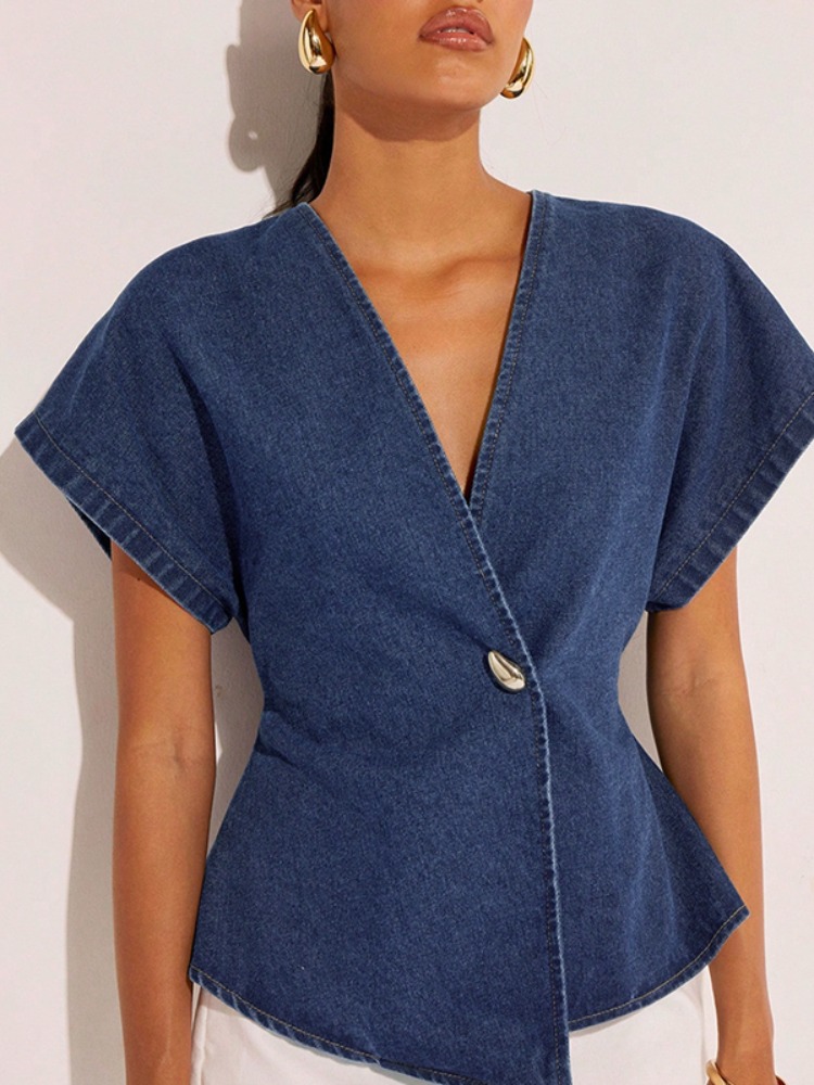 2026Women Dark Blue Denim Blou - Summer Clothing Wraps avaliação e preço