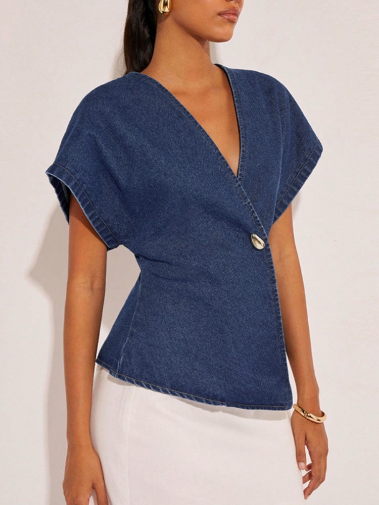 2026Women Dark Blue Denim Blou - Summer Clothing Wraps avaliação e preço