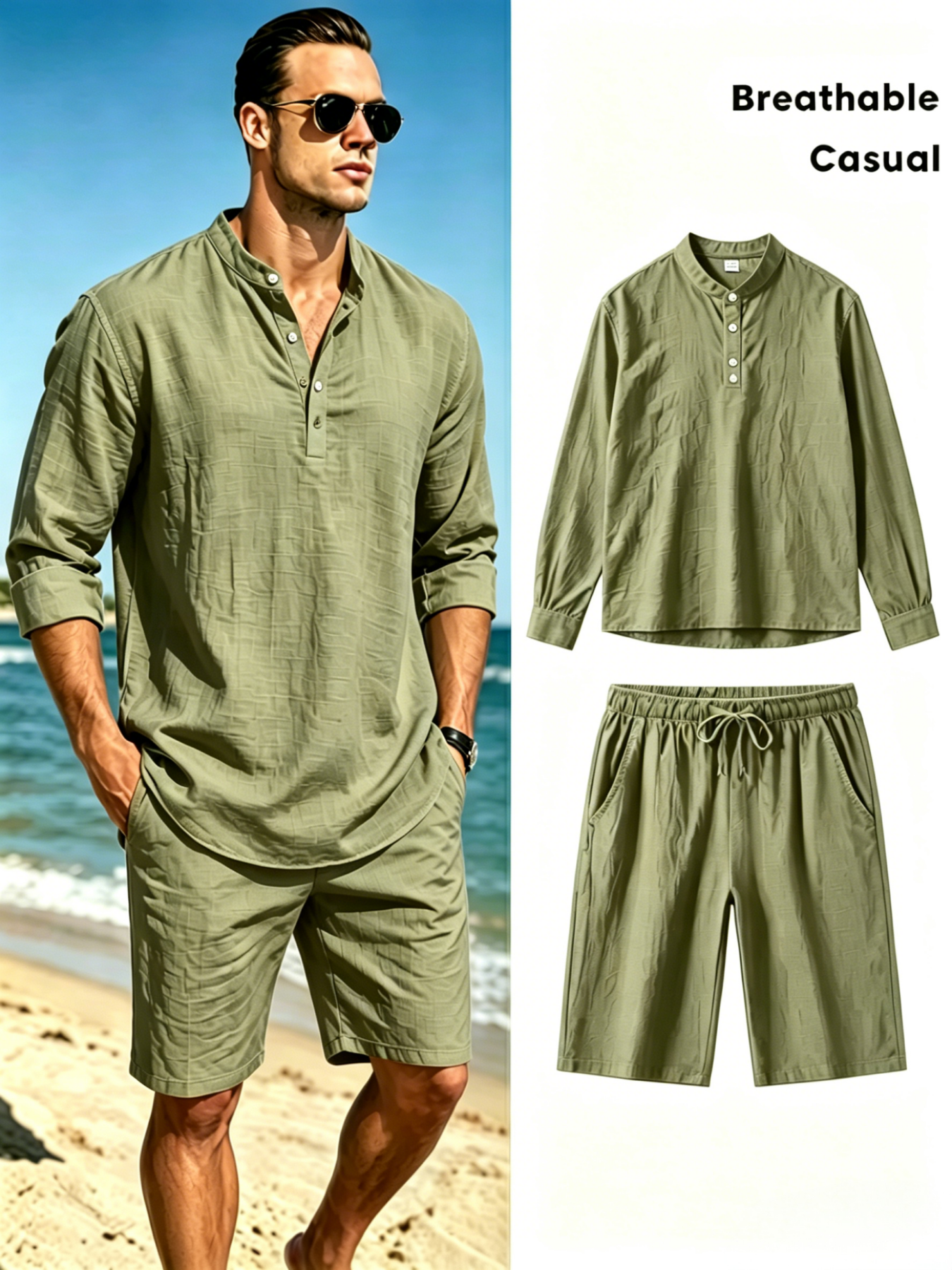Men's Cotton Linen Henley Shir - Summer Clothing Men Linen avaliação e preço