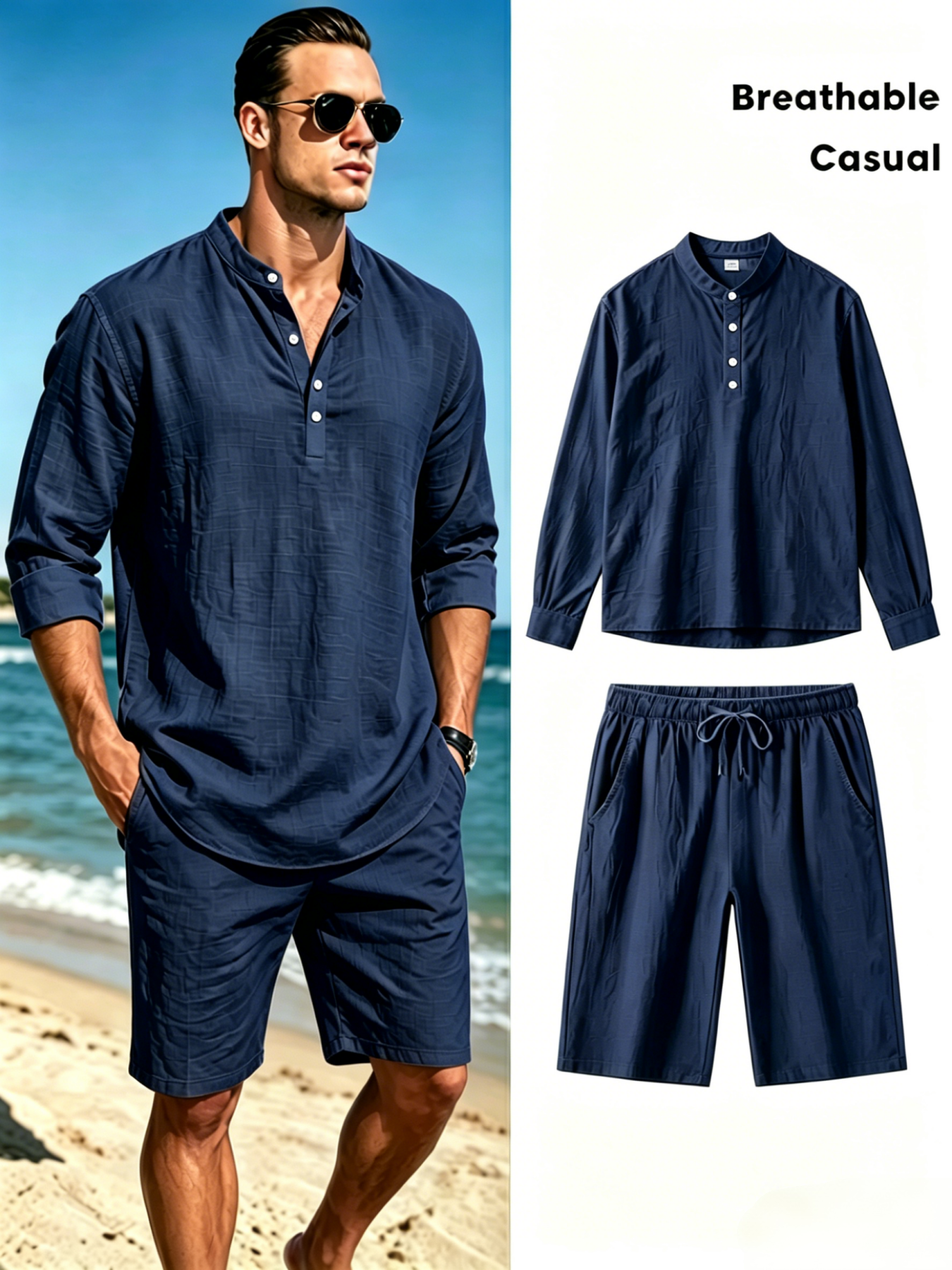 Men's Cotton Linen Henley Shir - Summer Clothing Men Linen avaliação e preço