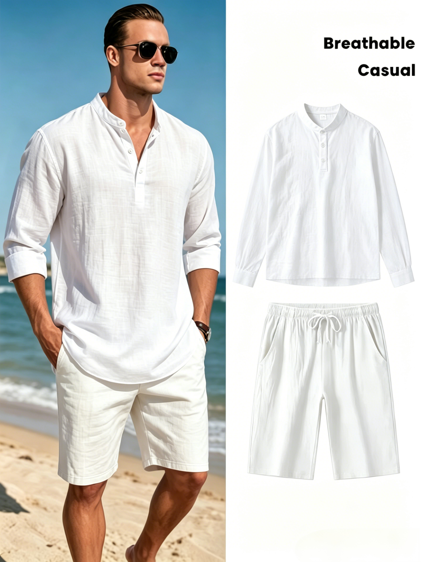 Men's Cotton Linen Henley Shir - Summer Clothing Men Linen avaliação e preço