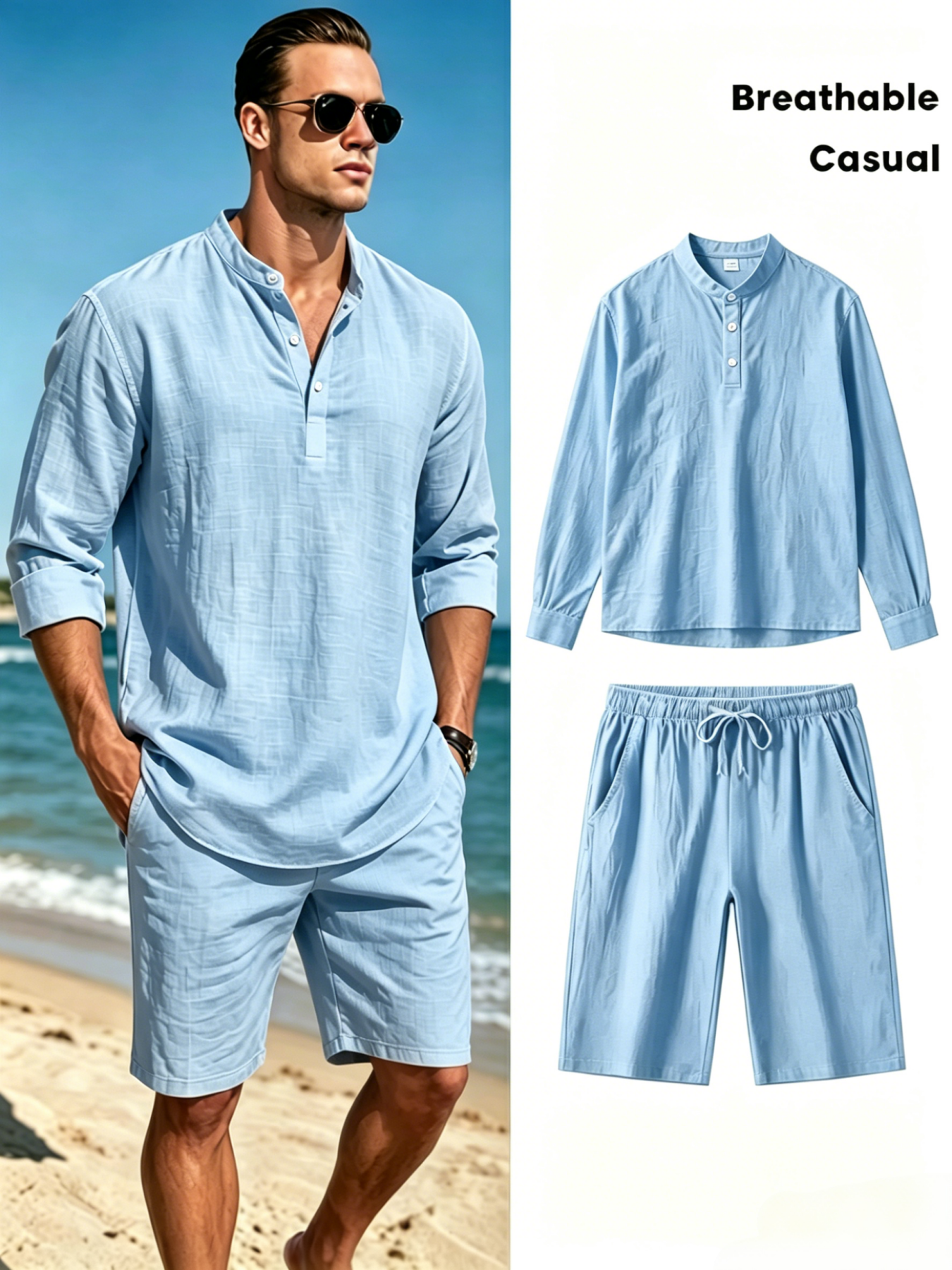 Men's Cotton Linen Henley Shir - Summer Clothing Men Linen avaliação e preço