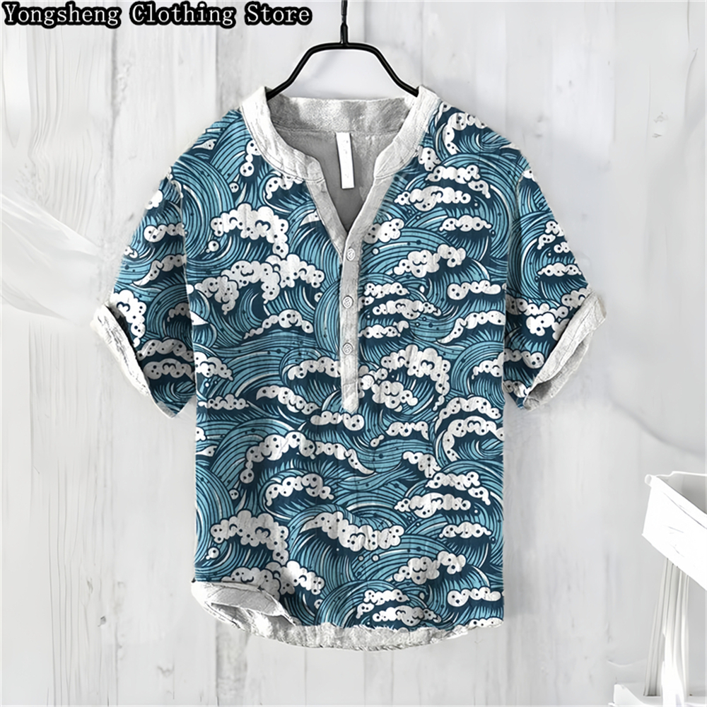 Men's linen printed casual POL - Summer Clothing Men Linen avaliação e preço