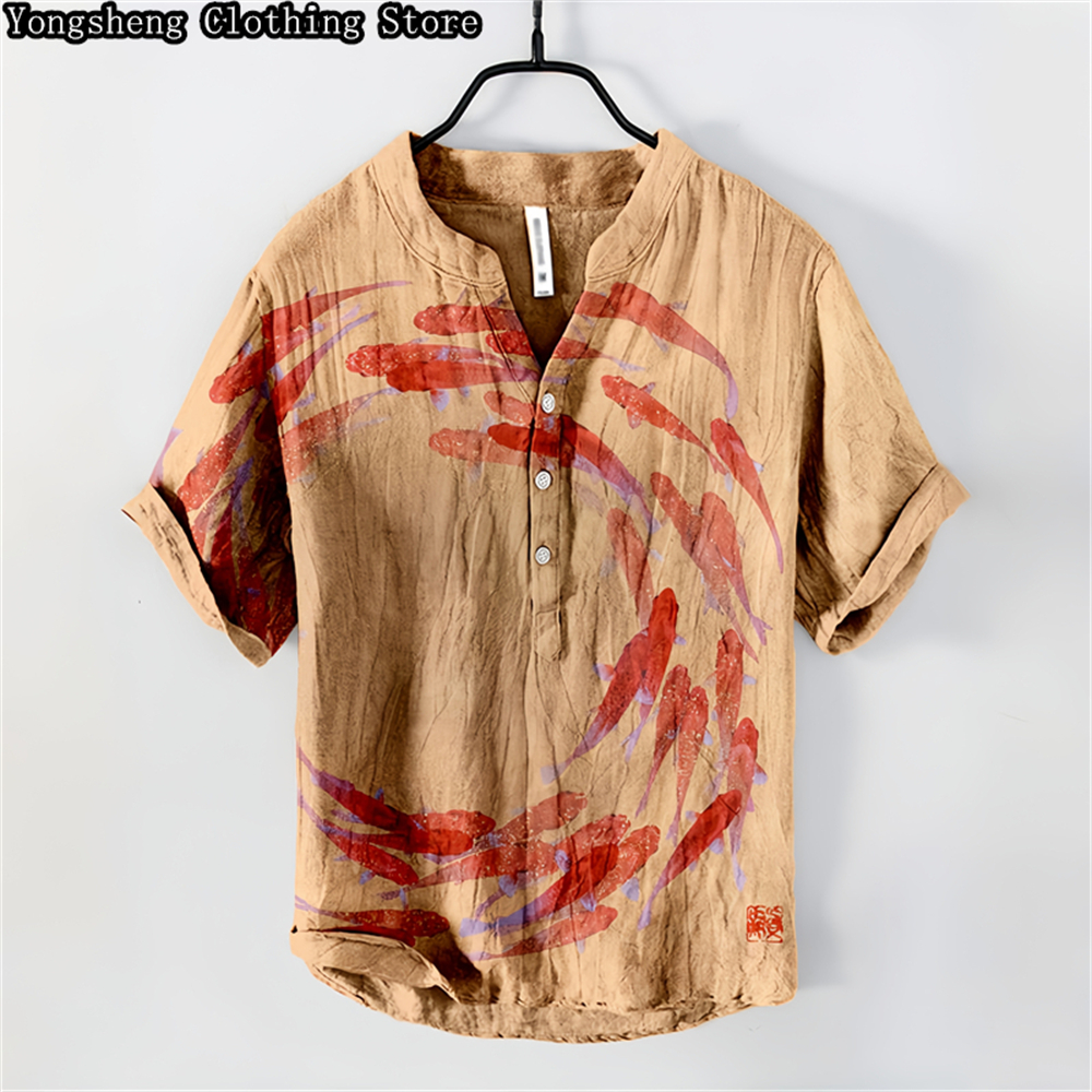 Men's linen printed casual POL - Summer Clothing Men Linen avaliação e preço
