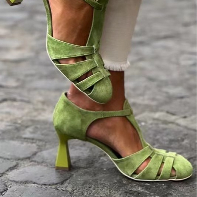 Women's Green Suede Kitten Hee - Summer Clothing Office avaliação e preço