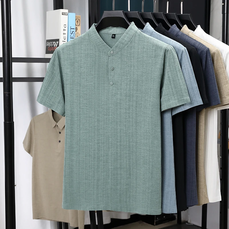 Mens Mandarin Collar Half Plac - Summer Clothing Men Linen avaliação e preço