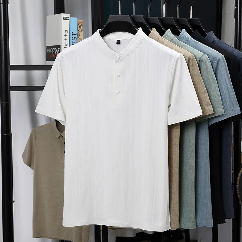 Mens Mandarin Collar Half Plac - Summer Clothing Men Linen avaliação e preço