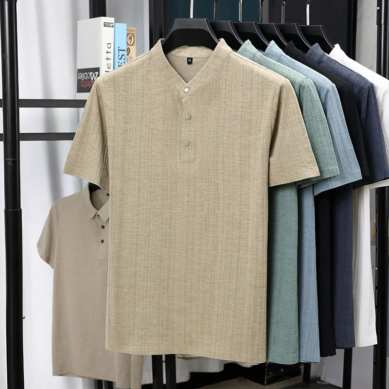 Mens Mandarin Collar Half Plac - Summer Clothing Men Linen avaliação e preço