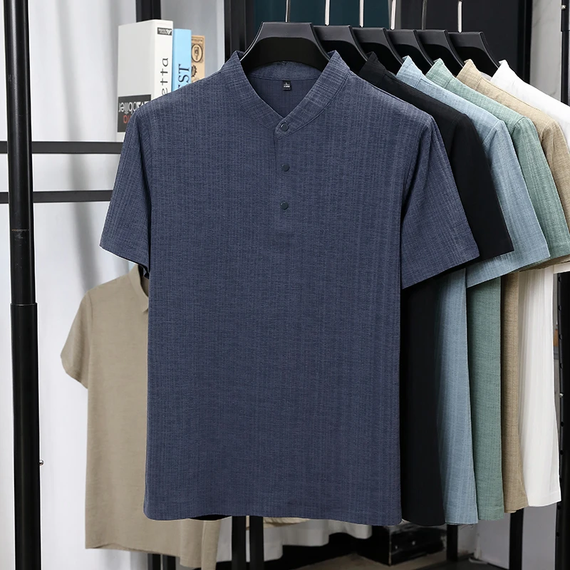 Mens Mandarin Collar Half Plac - Summer Clothing Men Linen avaliação e preço
