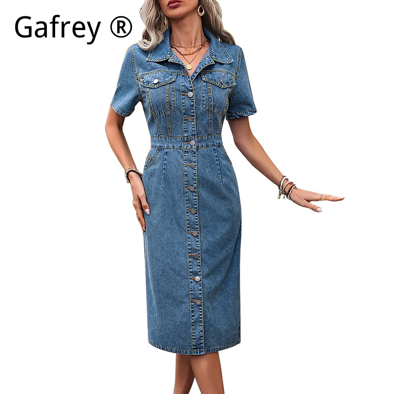 Plus Size Women Lapel Denim Dr - Summer Clothing Office avaliação e preço